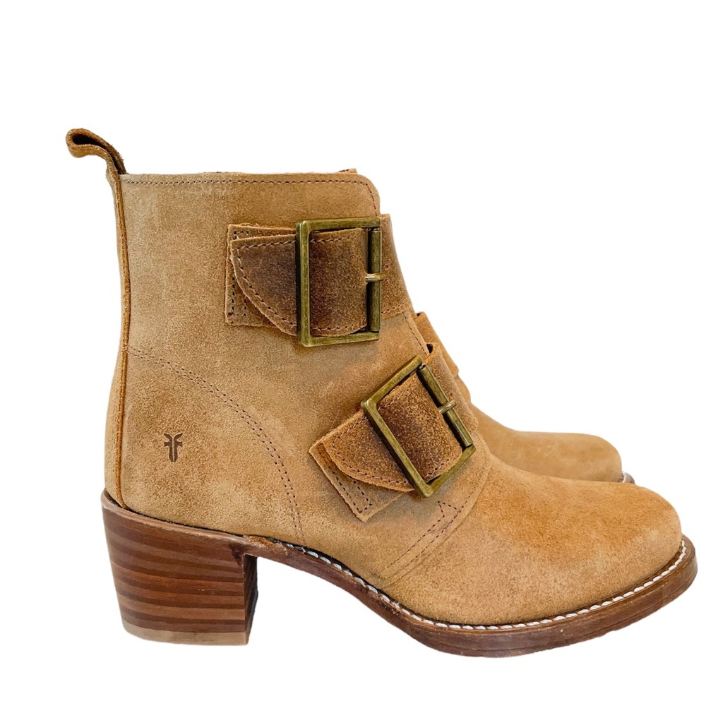 Frye Tan Suede Double-Buckle Heeled Ankle Boots - Picture 3 of 15